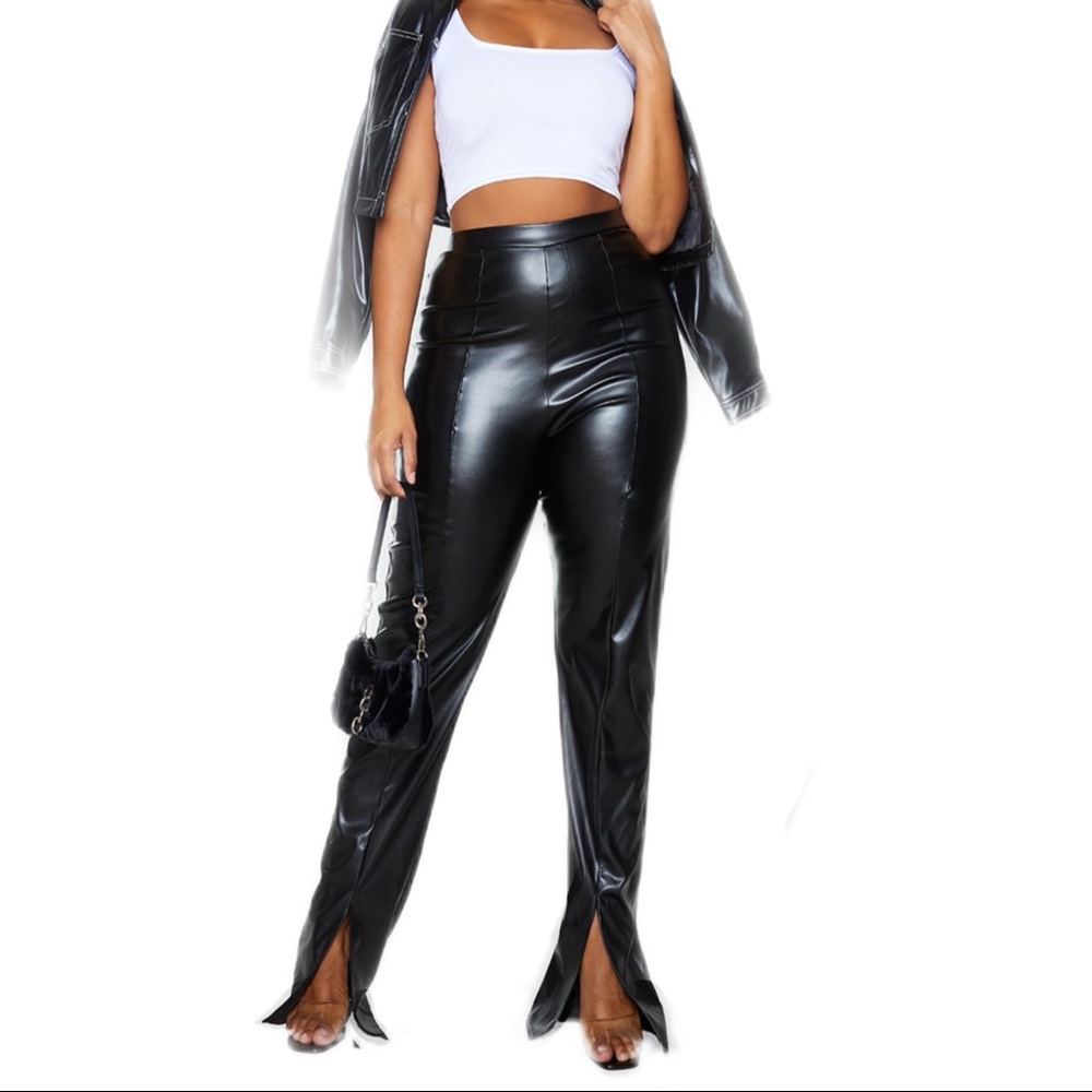 Plus Black Faux Leather Split Hem Pants US SIZE 18 pretty little thing